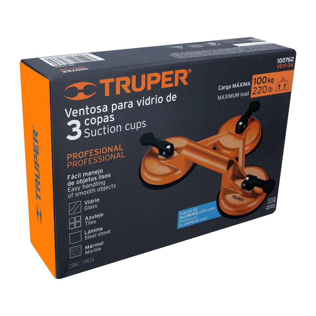 Ventosa de Aluminio para Vidrio, 3 Copas de Succión, Truper