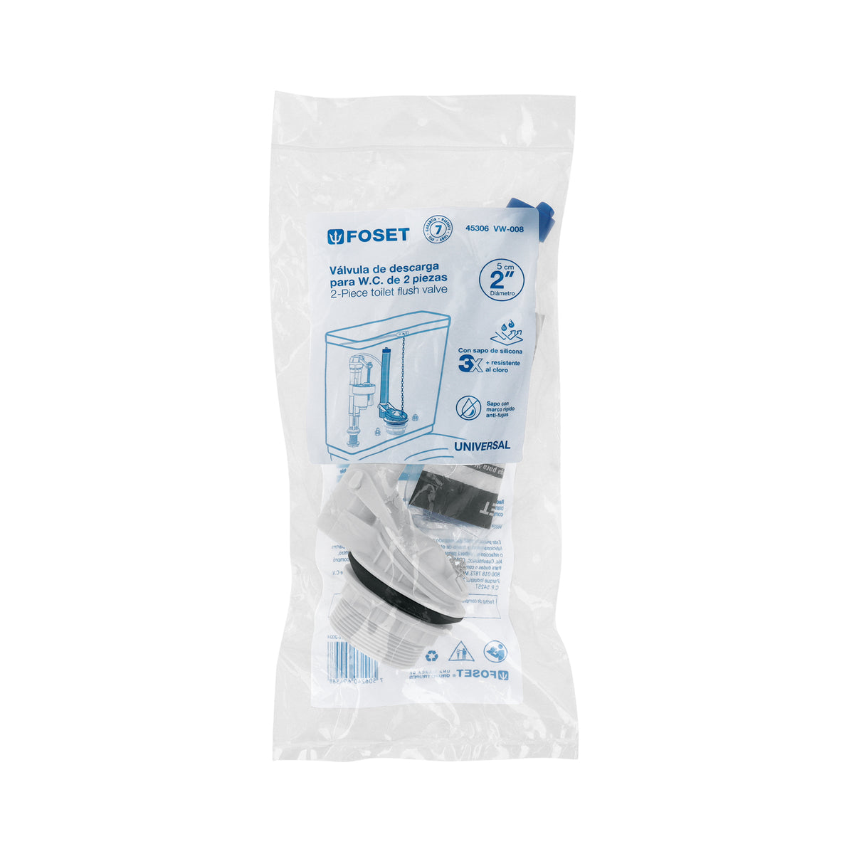 Válvula de Descarga 2' para Wc de 2 Pzas, Cadena Inox, Foset