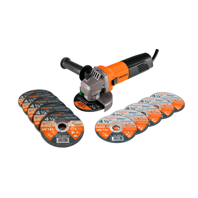 Esmeriladora 4-1/2" 800 W con 5 discos de corte y 6 de desbaste