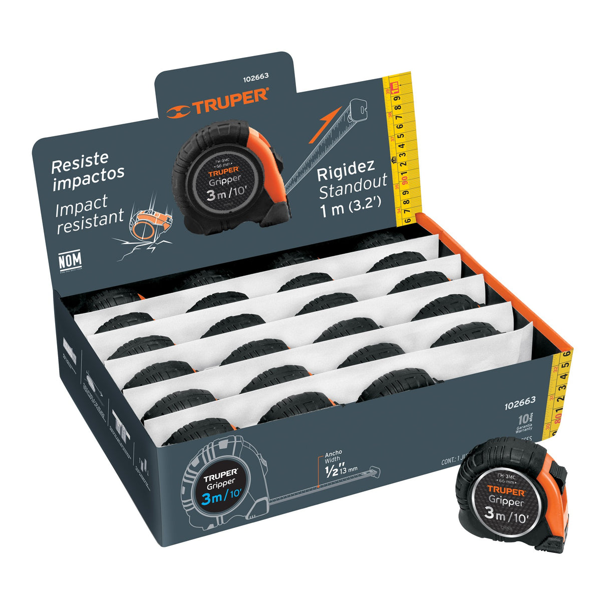 Flexometro Gripper 3 m Cinta 13 mm Display Box con 24 Piezas