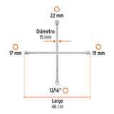 Llave de cruz 18', bocas 17, 19, 22 mm y 13/16', Truper