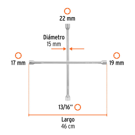 Llave de cruz 18', bocas 17, 19, 22 mm y 13/16', Truper