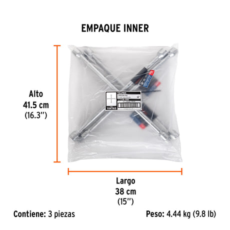 Llave de cruz 18', bocas 17, 19, 22 mm y 13/16', Truper