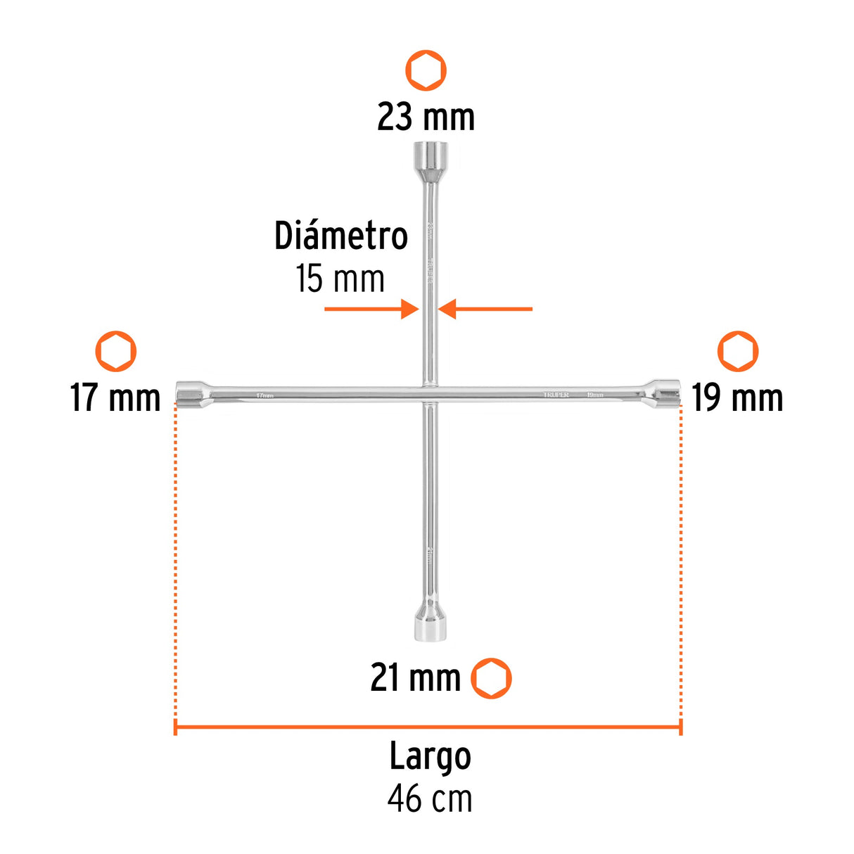 Llave de cruz 18', bocas 17, 19, 21 y 23 mm, Truper