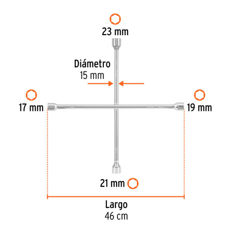 Llave de cruz 18', bocas 17, 19, 21 y 23 mm, Truper