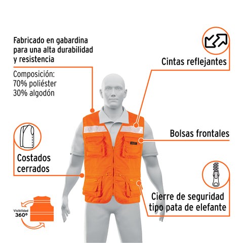Chaleco Brigadista Reforzado, Naranja, Xg, Truper Expert