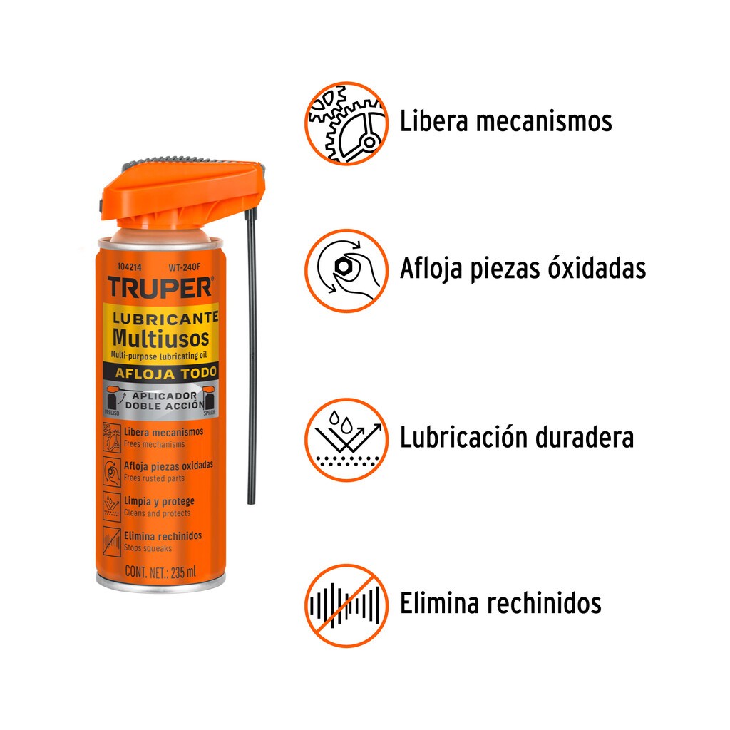 Lubricante Multiusos Aerosol Aplicador Doble Acción, 235 ml