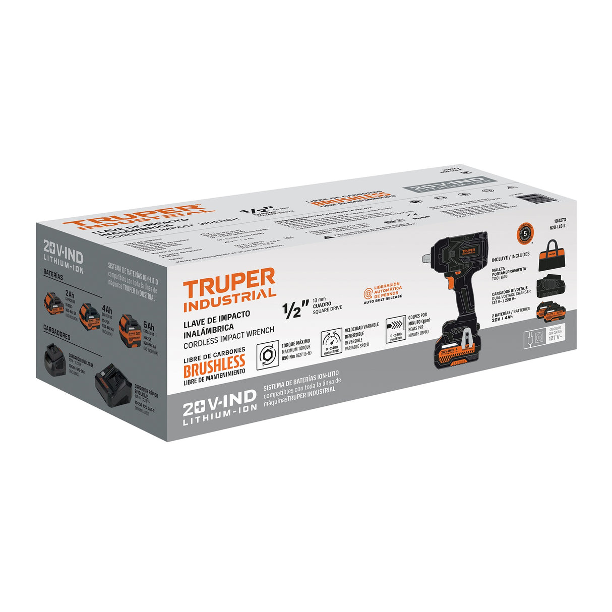 Llave de impacto 1/2' 20 V, 850 Nm, 2 baterías 4 Ah, Truper Industrial
