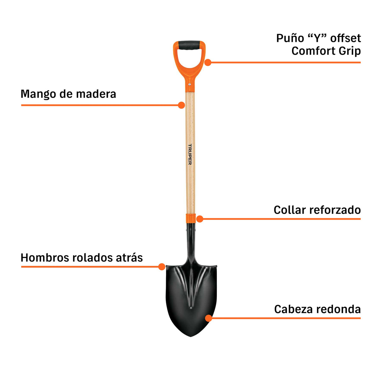 Pala redonda T-2000, puño 'y', mango 36', Truper