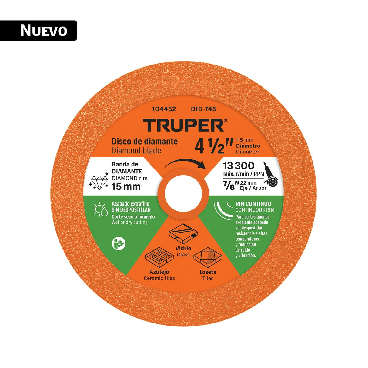 Disco de diamante 4-1/2', corte de vidrio, Truper