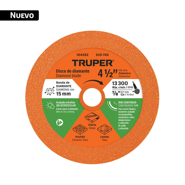 Disco de diamante 4-1/2', corte de vidrio, Truper