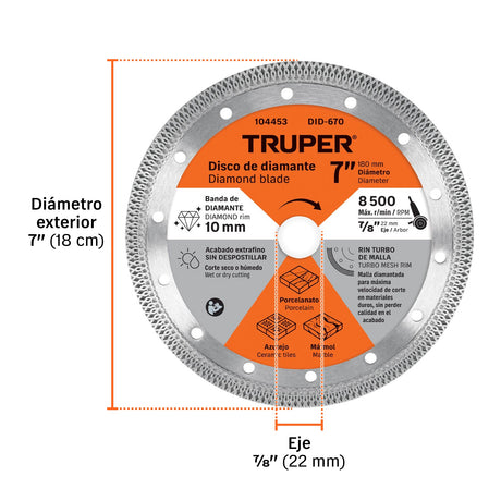 Disco de diamante 7', corte porcelanato, Truper