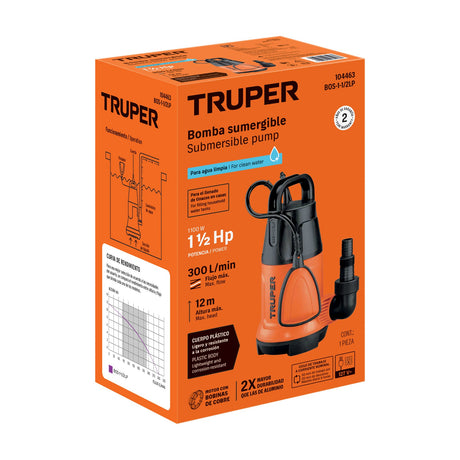 Bomba sumergible plástica, 1- 1/2 HP para agua limpia, Truper