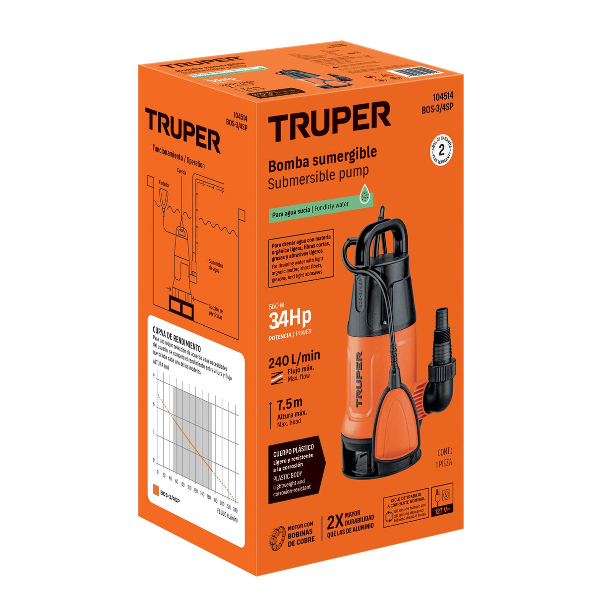 Bomba sumergible plástica, 3/4 HP para agua sucia, Truper