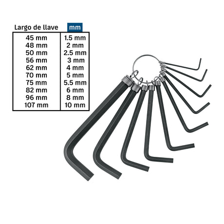 Juego de 10 llaves hexagonales mm, tipo llavero, Pretul