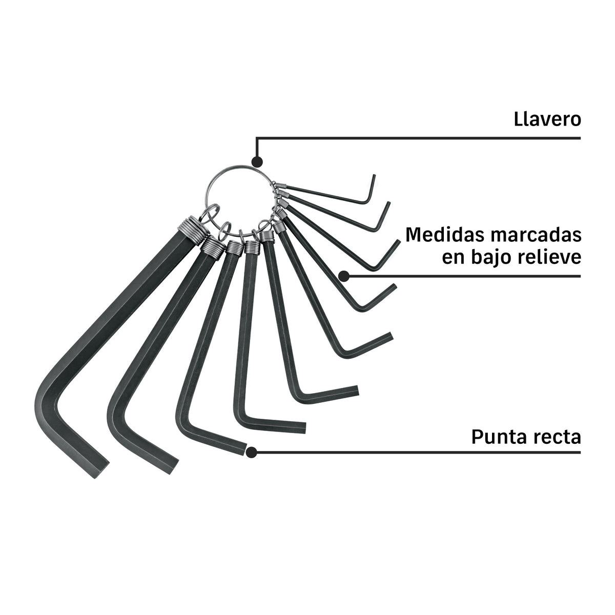 Juego de 10 llaves hexagonales mm, tipo llavero, Pretul