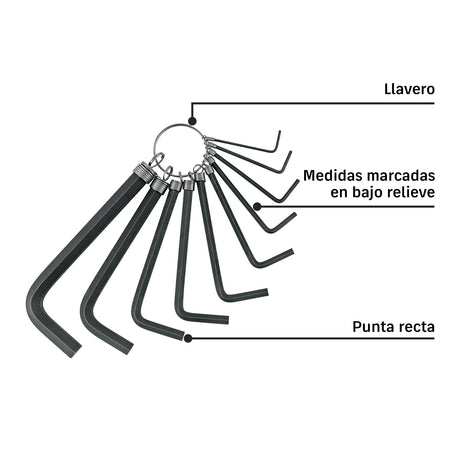 Juego de 10 llaves hexagonales mm, tipo llavero, Pretul