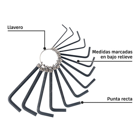 Juego de 14 llaves hexagonales mixtas, tipo llavero, Pretul