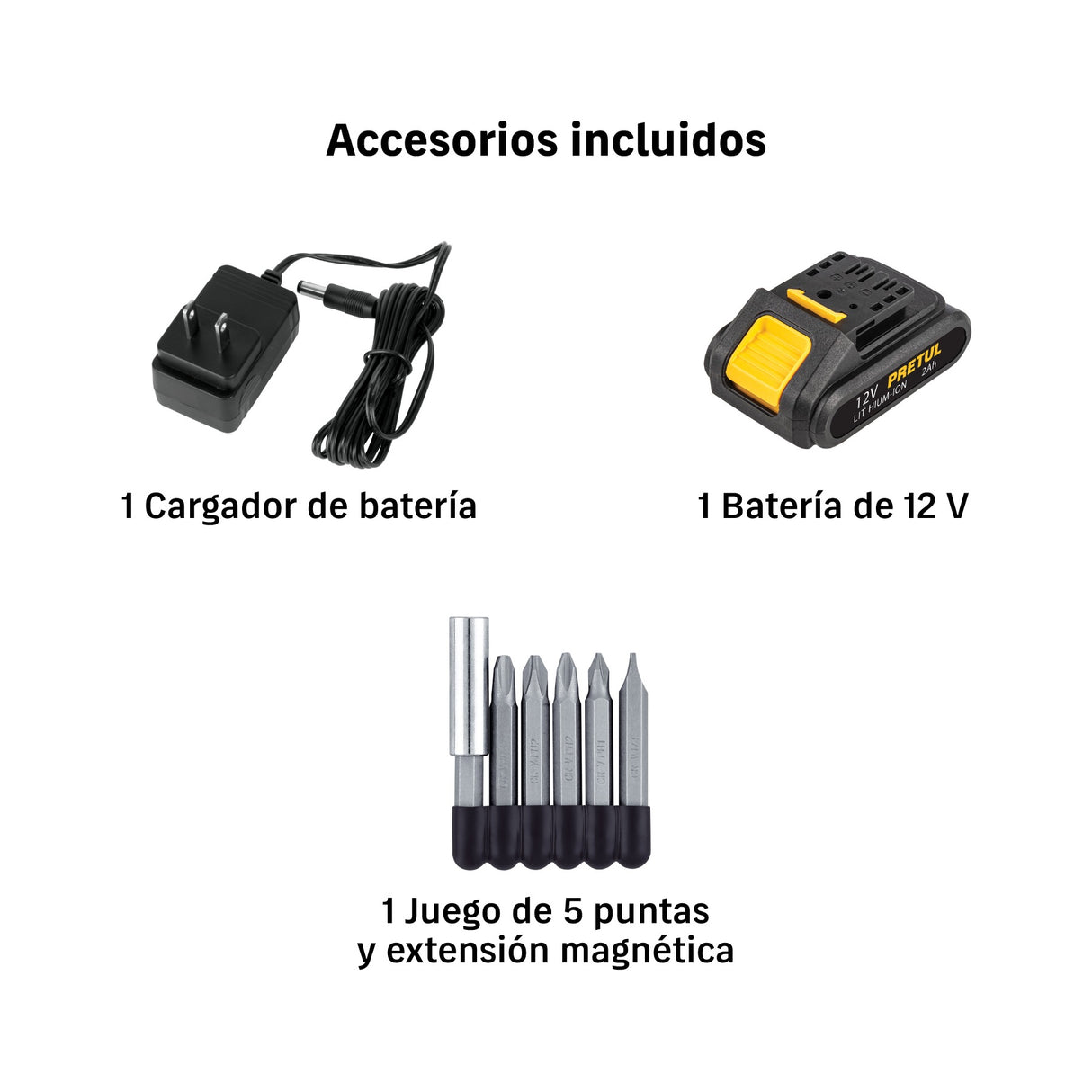 Taladro/destornillador 3/8', 12 V, 1 batería 2 Ah, Pretul