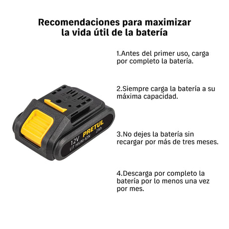 Taladro/destornillador 3/8', 12 V, 1 batería 2 Ah, Pretul