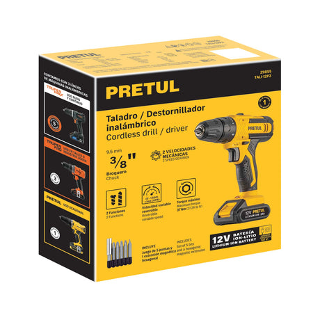 Taladro/destornillador 3/8', 12 V, 1 batería 2 Ah, Pretul