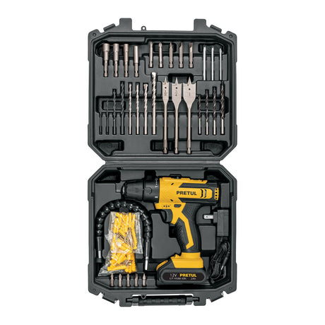 Kit taladro/destornillador 3/8', 12 V, 33 accesorios, Pretul