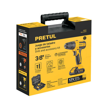 Kit taladro/destornillador 3/8', 12 V, 33 accesorios, Pretul