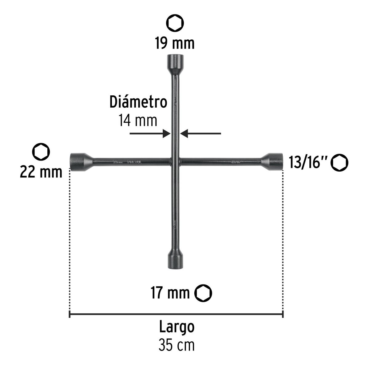 Llave de cruz 14', bocas 17, 19, 22 mm y 13/16', Pretul