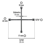 Llave de cruz 14', bocas 17, 19, 22 mm y 13/16', Pretul