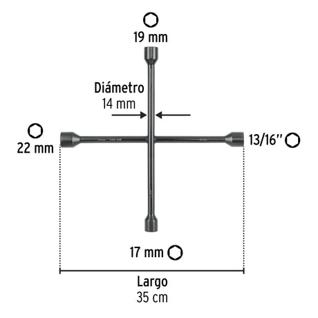 Llave de cruz 14', bocas 17, 19, 22 mm y 13/16', Pretul