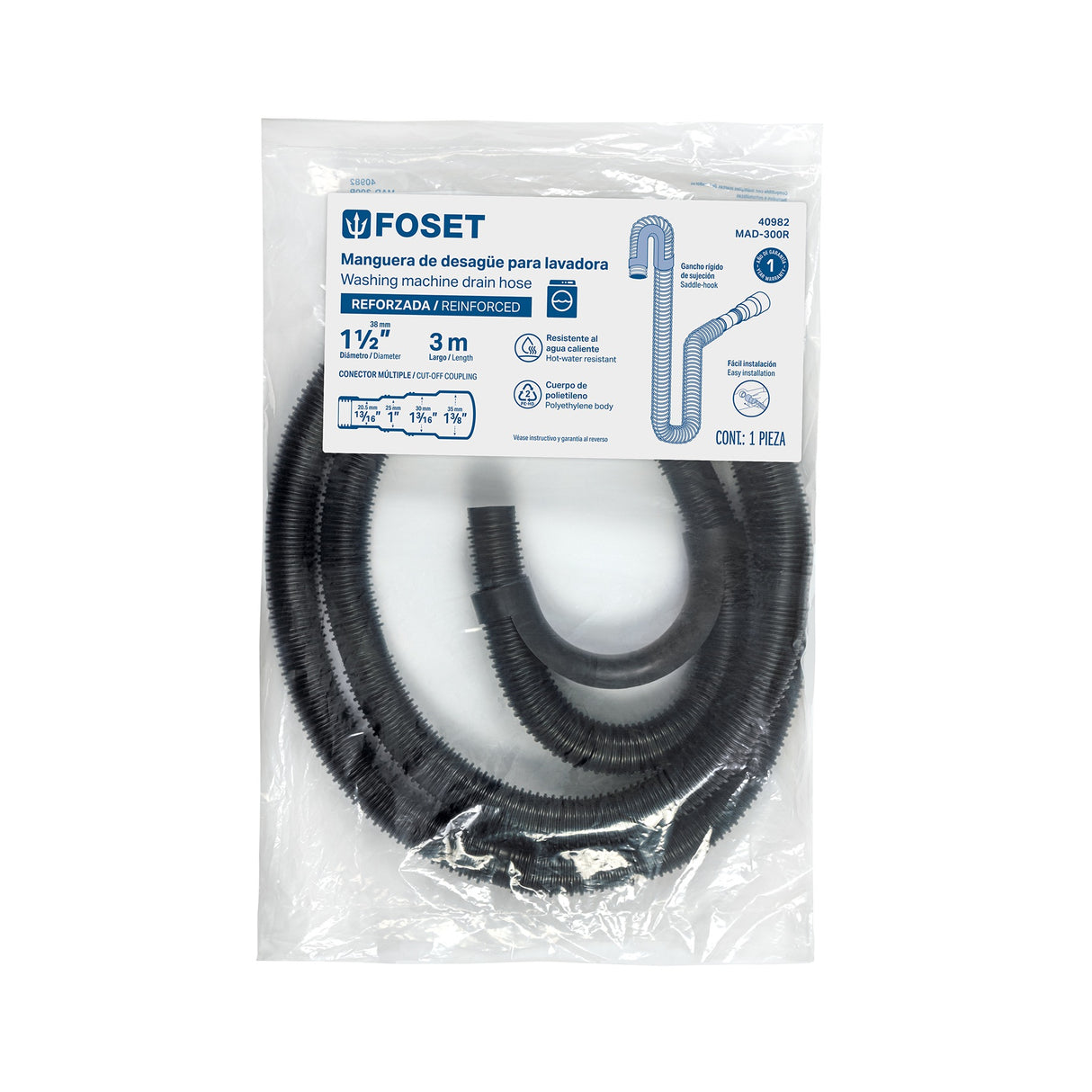 Manguera reforzada con multiconector, desagüe lavadora, 3 m