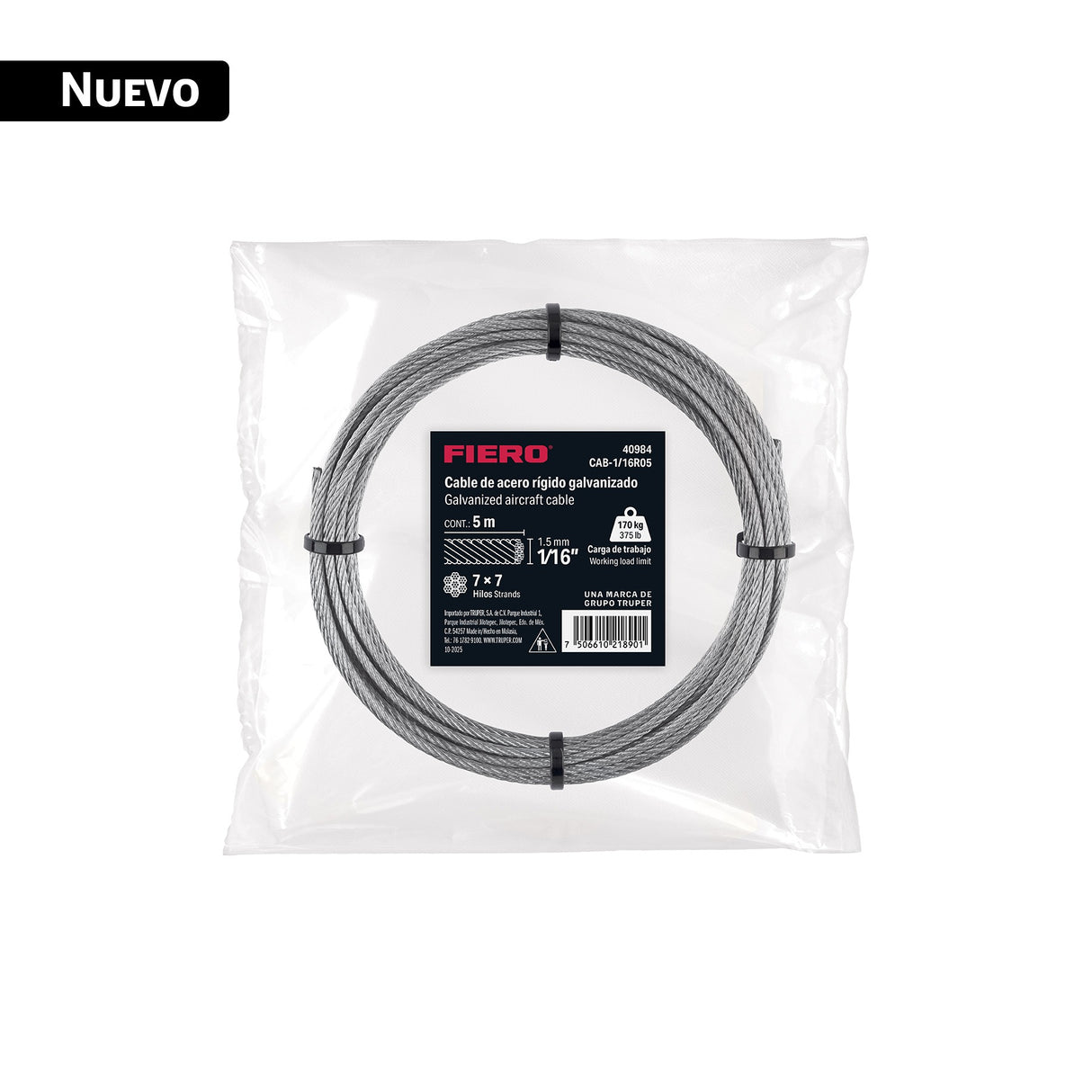 Cable rígido 1/16' x 5 m, acero galvanizado, Fiero