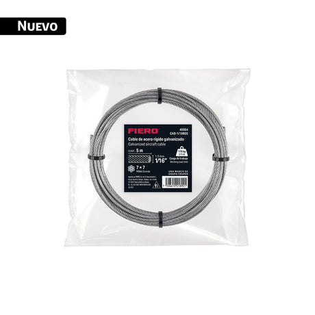 Cable rígido 1/16' x 5 m, acero galvanizado, Fiero