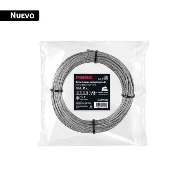 Cable rígido 1/16' x 10 m, acero galvanizado, Fiero