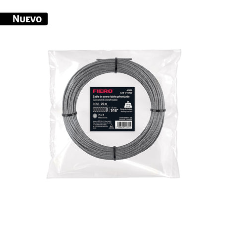 Cable rígido 1/16' x 20 m, acero galvanizado, Fiero