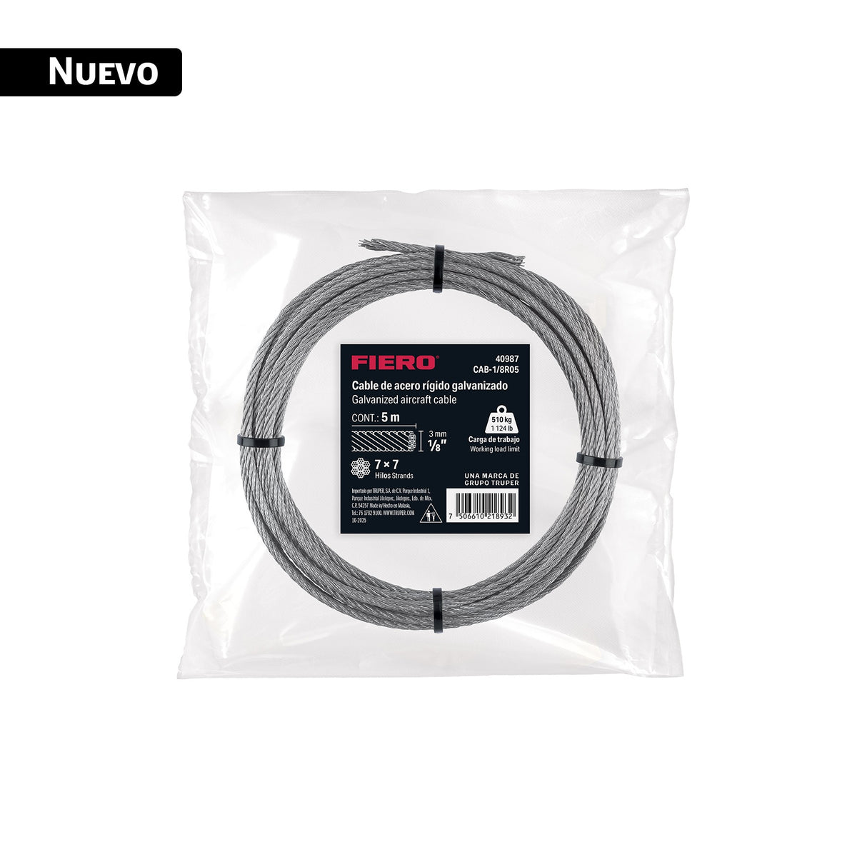 Cable rígido 1/8' x 5 m, acero galvanizado, Fiero