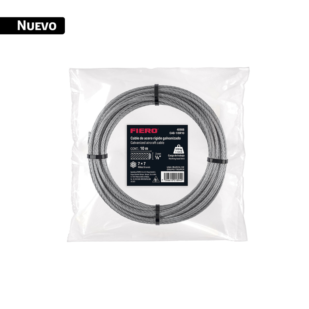 Cable rígido 1/8' x 10 m, acero galvanizado, Fiero