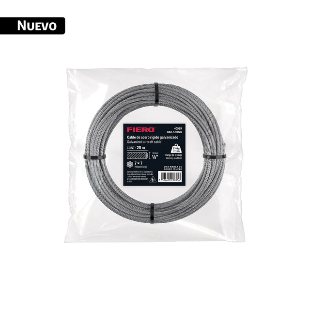 Cable rígido 1/8' x 20 m, acero galvanizado, Fiero