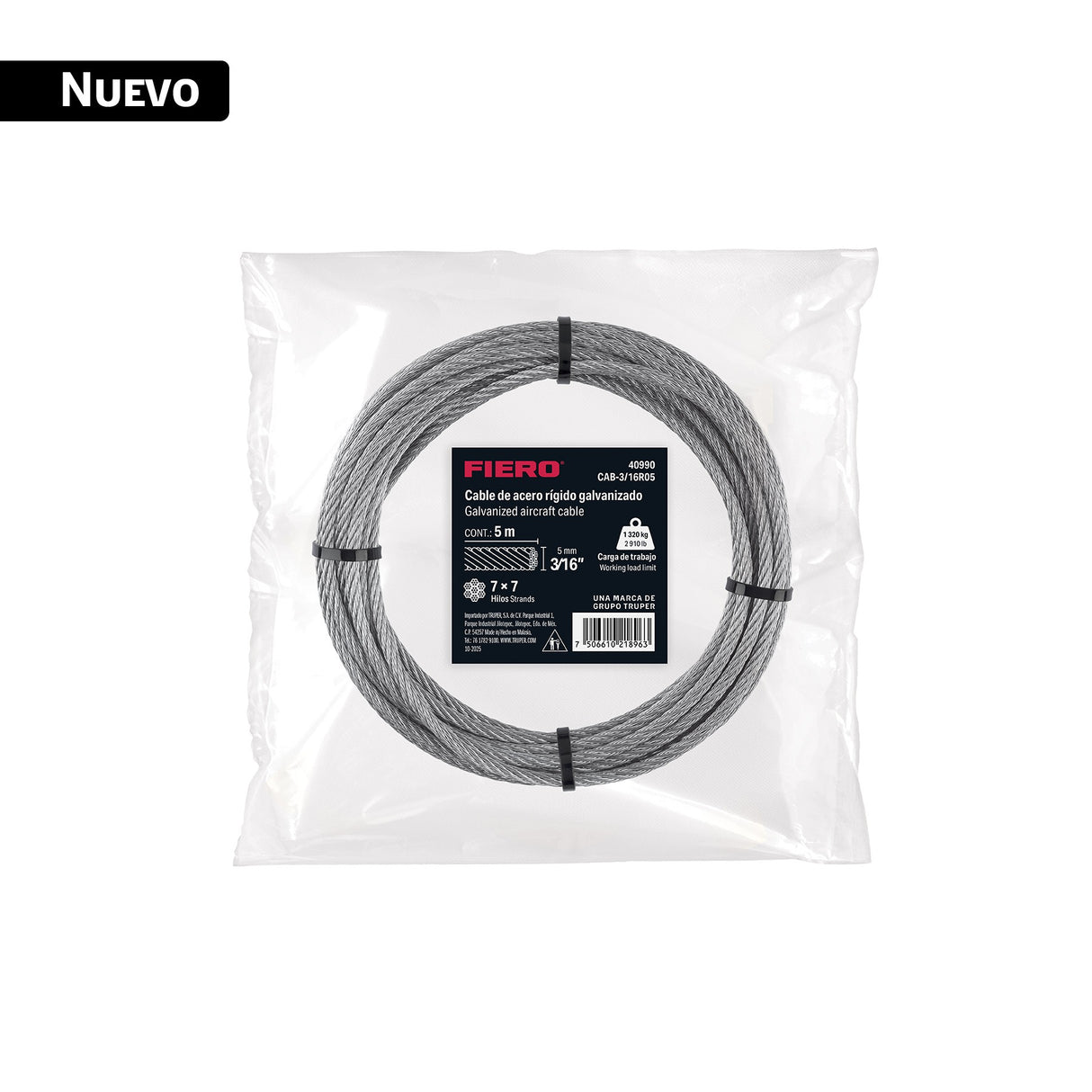 Cable rígido 3/16' x 5 m, acero galvanizado, Fiero