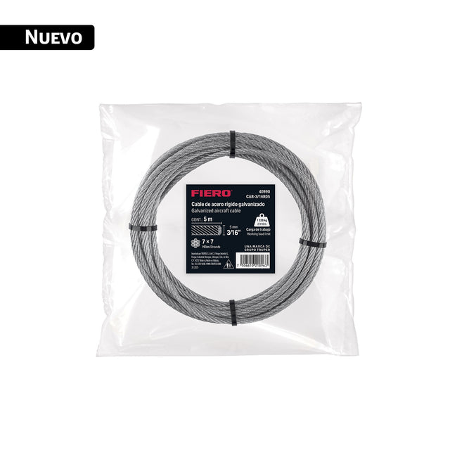 Cable rígido 3/16' x 5 m, acero galvanizado, Fiero
