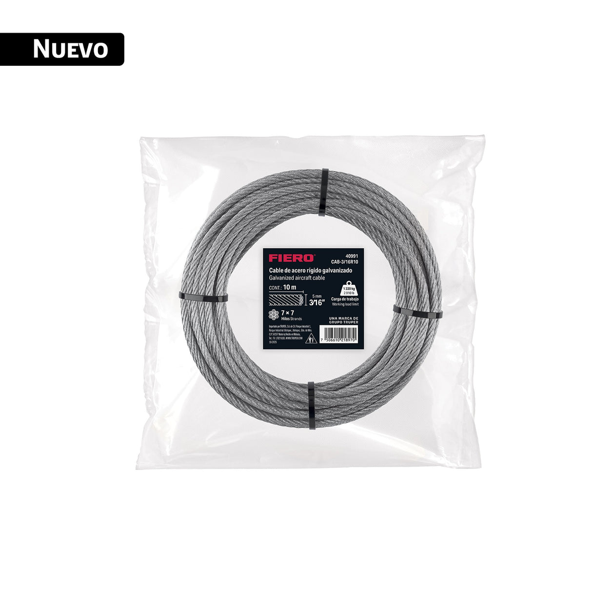 Cable rígido 3/16' x 10 m, acero galvanizado, Fiero