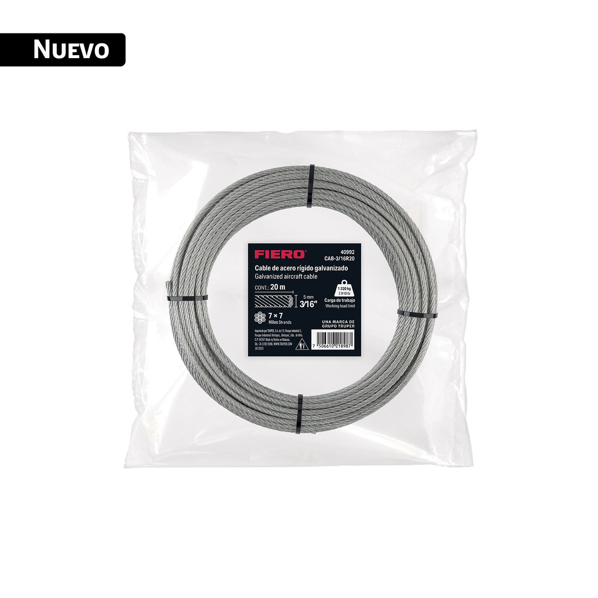Cable rígido 3/16' x 20 m, acero galvanizado, Fiero