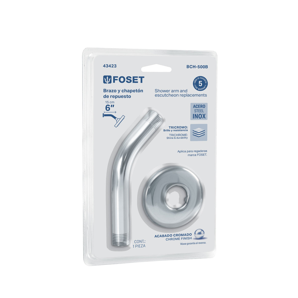 Brazo y chapetón para regadera, blister, cromo, Foset Basic
