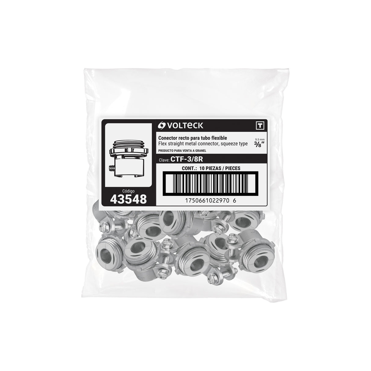 Conector recto 3/8' para tubo flexible metálico, Volteck