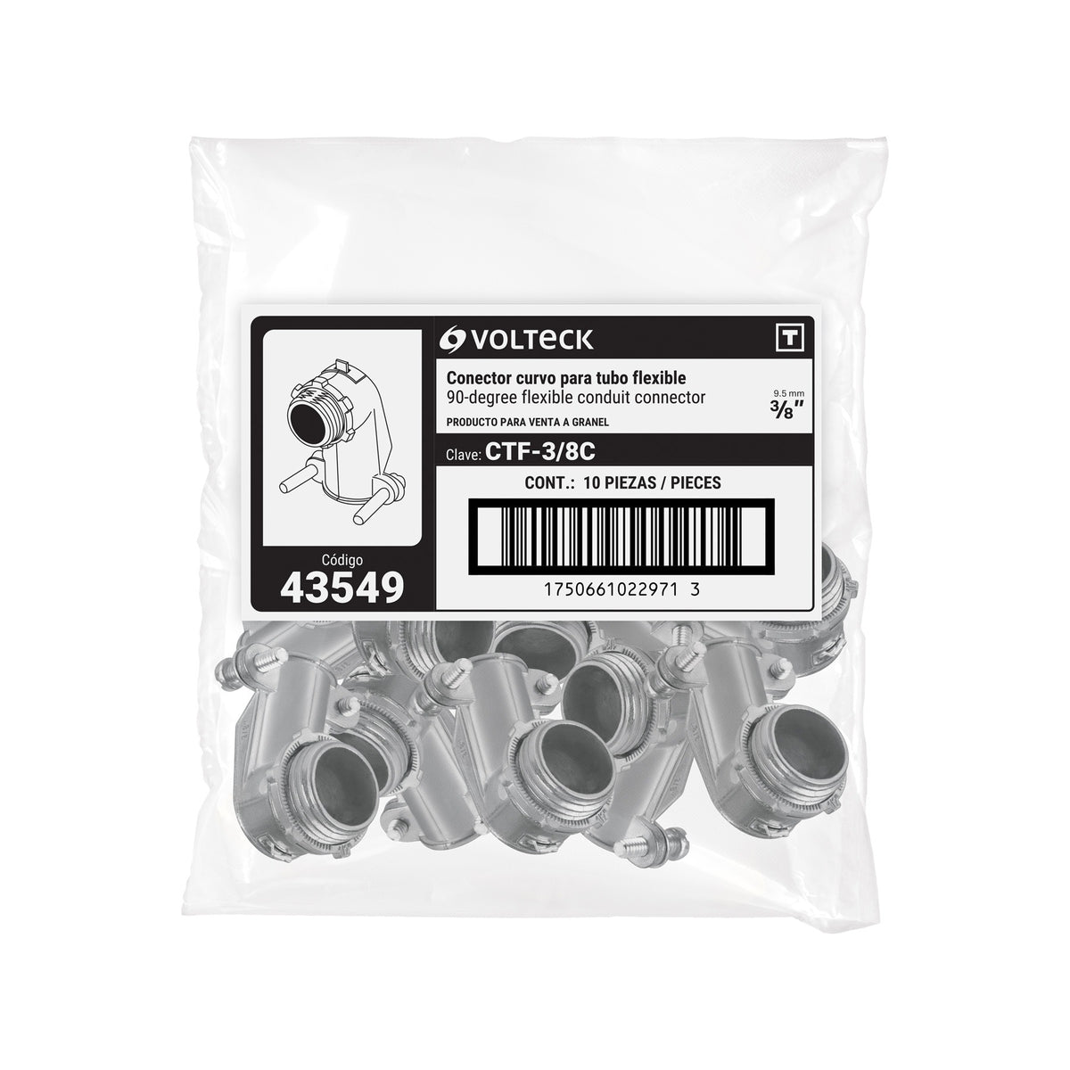 Conector curvo 3/8' para tubo flexible metálico, Volteck