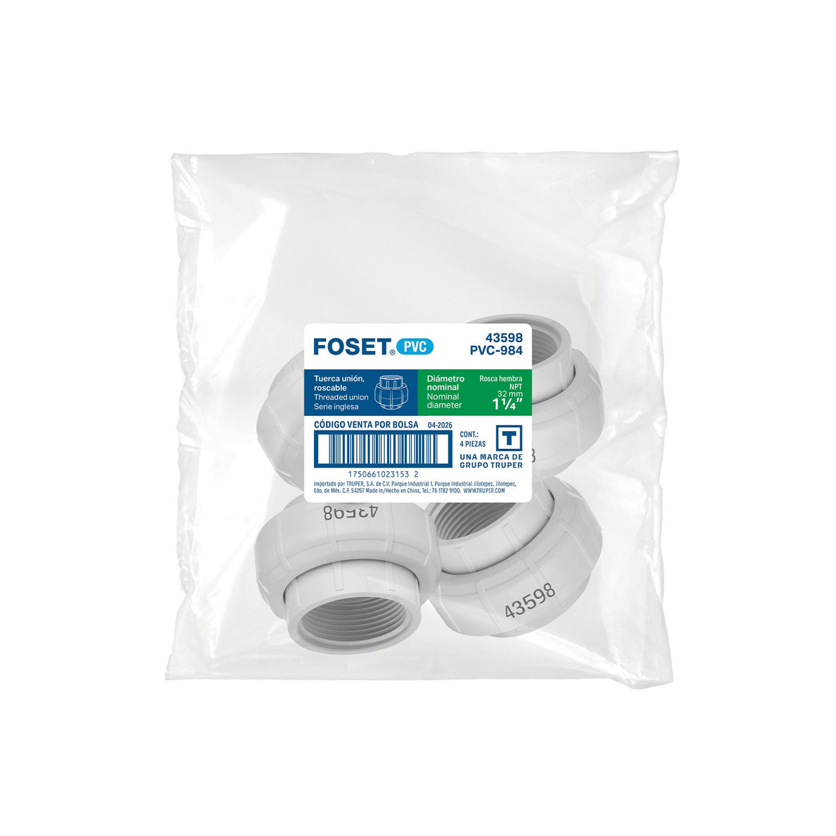 Tuerca unión roscable de PVC 1-1/4', Foset
