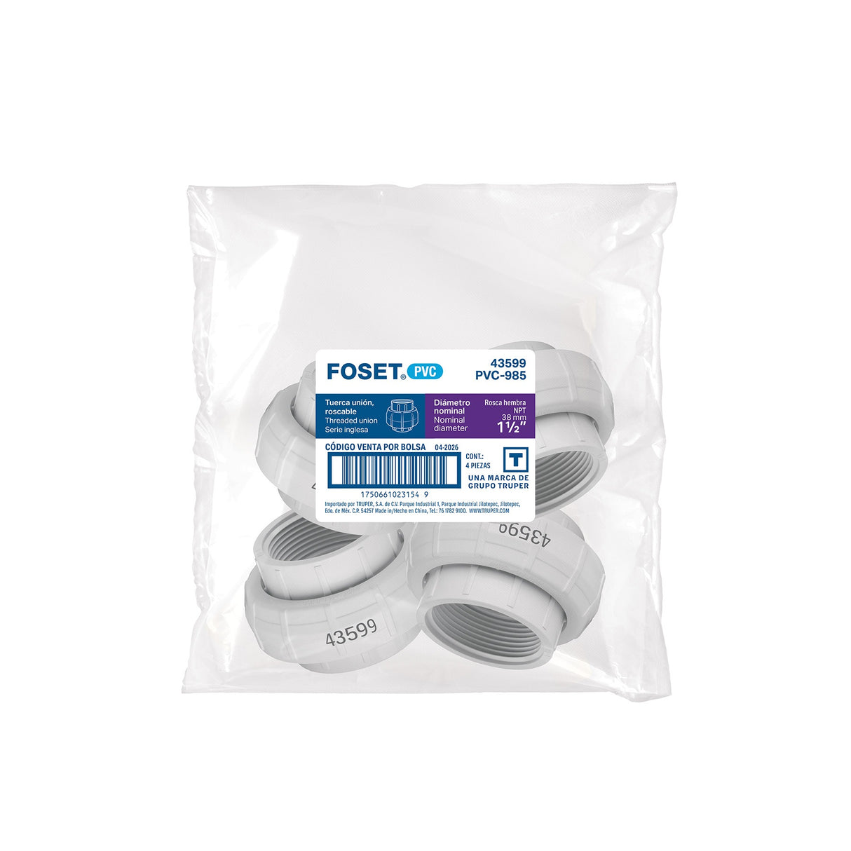 Tuerca unión roscable de PVC 1-1/2', Foset