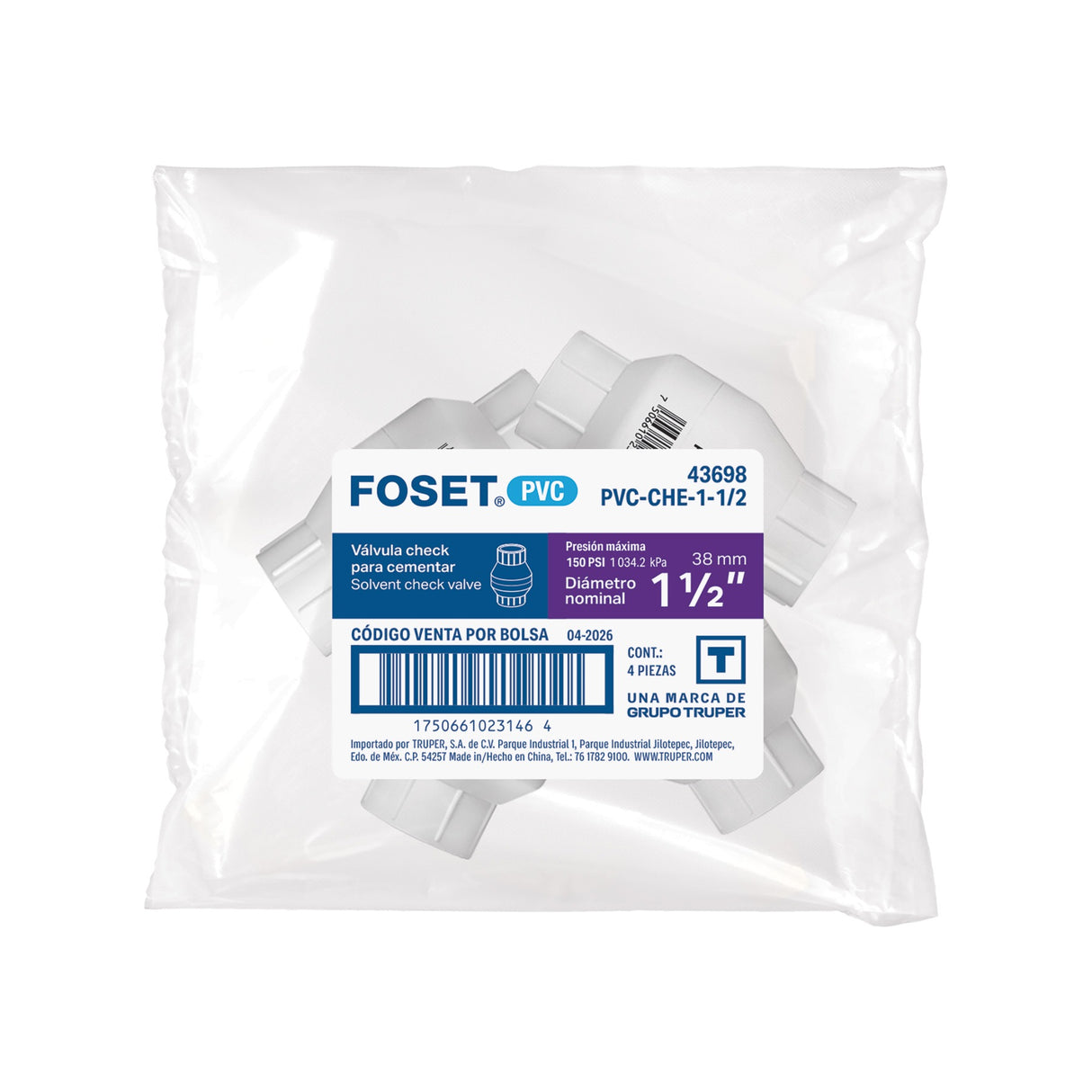 Válvula check de PVC 1-1/2' para cementar, Foset