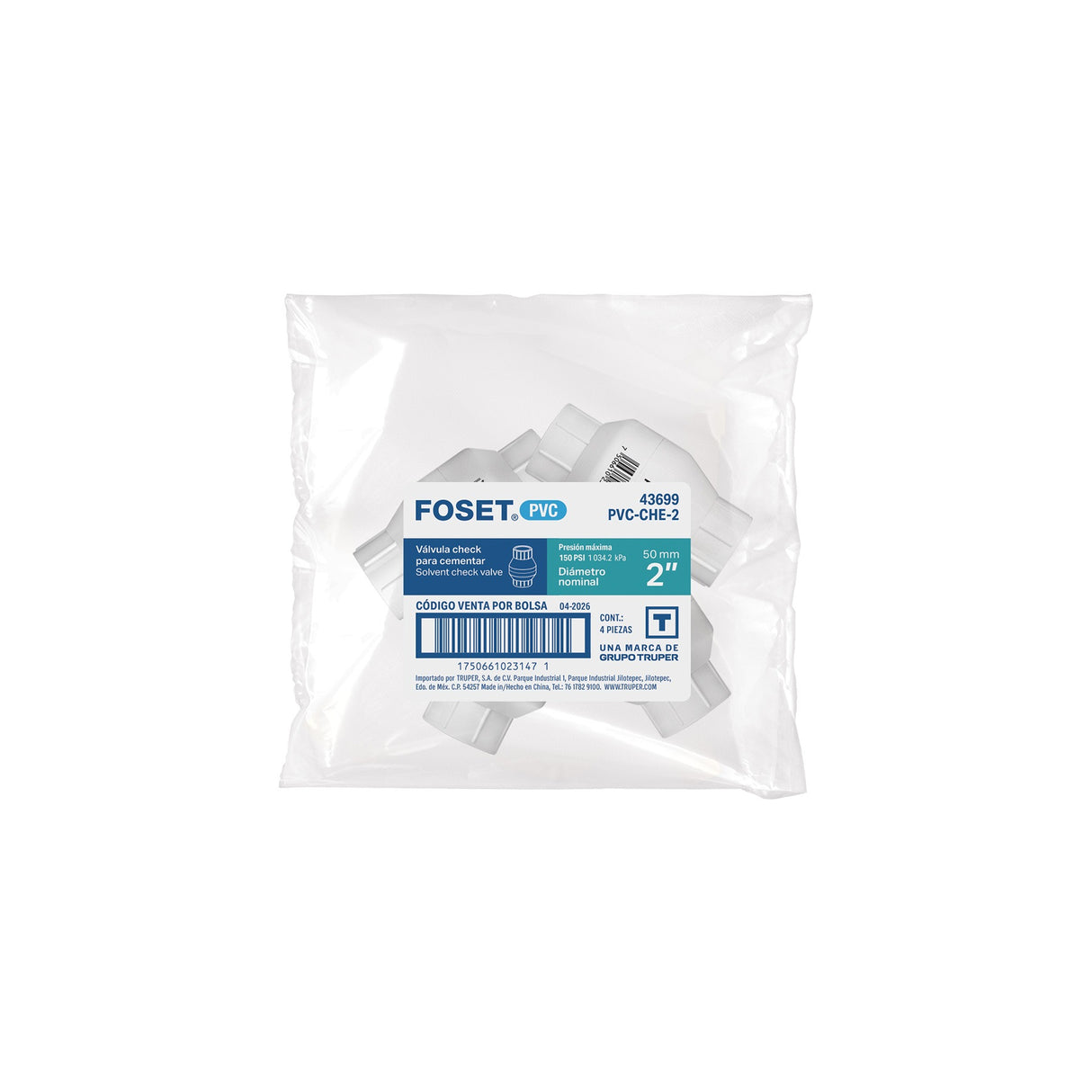 Válvula check de PVC 2' para cementar, Foset
