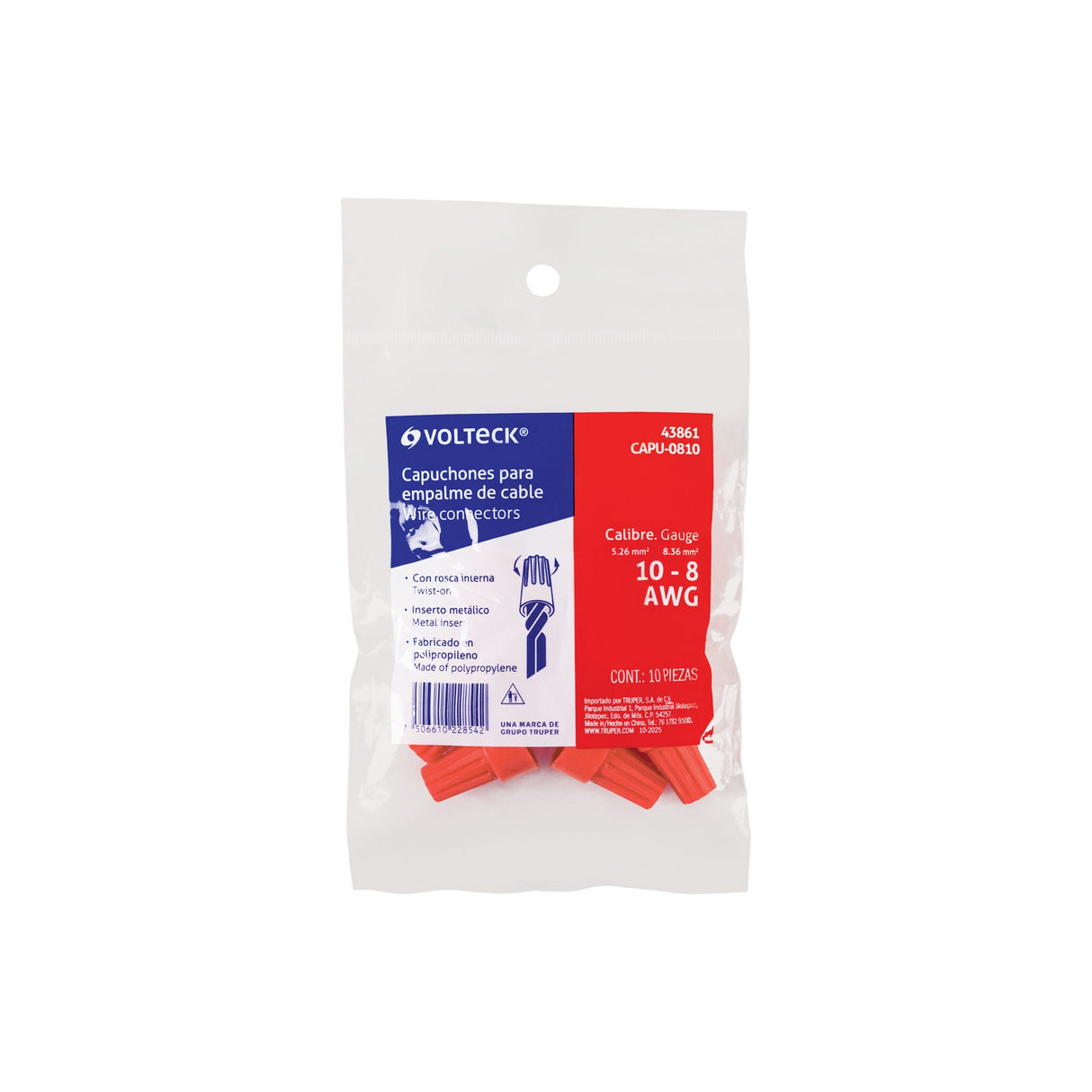 Bolsa con 10 capuchones para cable calibre 10 A 8 AWG, Volteck